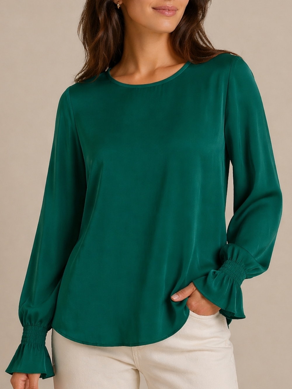 Emerald Green Smocked Ruffle Cuff Blouse - Minimalist Boho Top Medium Jewel Tone